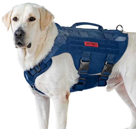 OneTigris Anti Zug Hundegeschirr Grosse Hunde, AIRE MESH Taktisches Geschirr mit 2 Griff & 3 D-Ringen, No Pull Hundegeschirr Mittelgroße Hunde, Atmungsaktiv Verstellbar Brustgeschirr, Blau XL
