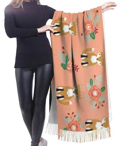 Herbst-Fuchs-Blumen-Damen-Schal mit Fransen, großer Schal mit weichem Kaschmirgefühl, leichte Stola, 196 x 68 cm