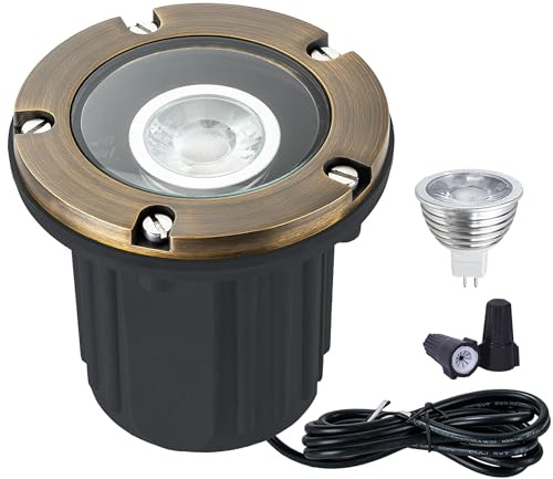 LumStory Brass Well Lights Landscape LED Low Voltage Landscape Lighting 12V Outdoor In Ground Lights for Pathway, Driveway, Deck and Garden, with MR16 GU5.3 Bulb 3000K Warm White (Flat Top)