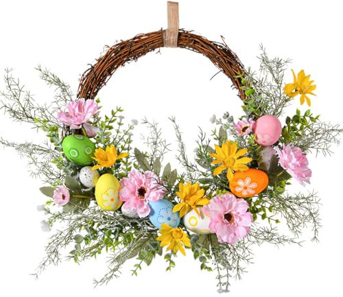 EXQUILEG Osterkranz mit Bunten Ostereiern, Ostern Osterei Dekokranz Künstliche Blumen Kränze Girlande Wandkranz Türkranz Osterdeko für Tür Wand Fenster Frühling Deko (C)