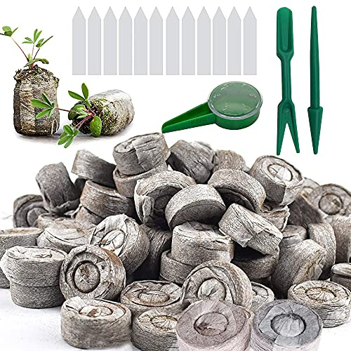 Woohome 150 Stück Quelltabletten Torf, Kokos Quelltabletten mit Nährstoffen, Werkzeug für Losen Boden für Sämling mit Kunststoff Pflanzenetiketten, für Drinnen Draussen Gartensämling Wachsen