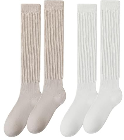 EUPSIIU 2 Paires Chaussettes Hautes Montantes Femme Filles, Genou Haute, Longues Chaussettes Montantes Tricotées Chaussettes D'hiver de Bottes (Coton, 2 Couleurs)