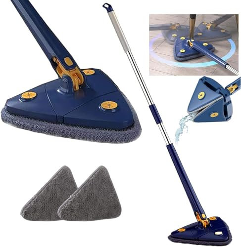 LSNTUU Dreieckiger Bodenwischer Angle Mop, Dreieckiger Bodenwischer Angelmop, Wischmopp Dreieckig, Dreieckiges Bodenwischtuch Angle Mop, Extendable Mop (Blue+2mop Heads)