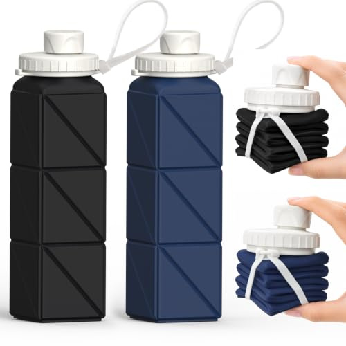 Faltbare Trinkflasche 610ml, Leichte Silikon Wasserflasche, Zusammenklappbar, Auslaufsicher, Für Fitness, Radfahren, Outdoor, Camping, Wandern, BPA-frei, Tragbar, Wiederverwendbar (Schwarz+Dunkelblau)