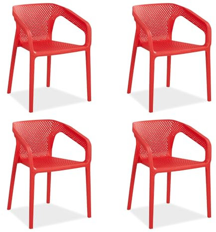 Homestyle4u, Gartenstuhl Stapelbar Kunststoff Rot 4er Set mit Armlehnen Wetterfest Gartenmöbel Stühle Modern