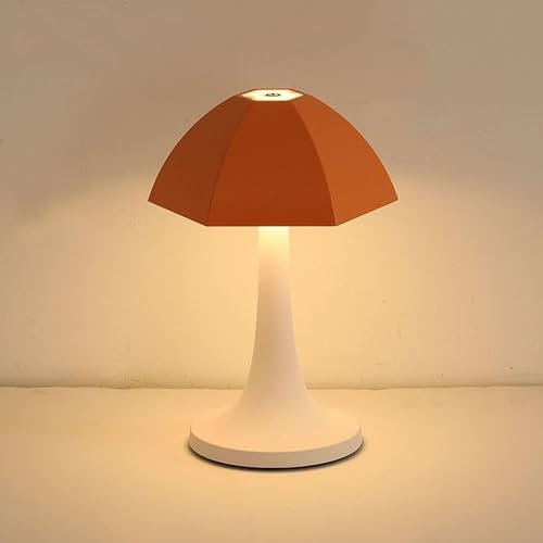 LOGT Pilz Tischlampe, LED Akku Tischleuchte Kabellos Dimmbare 3 Farben Touch Control Pilz Lampe Aufladbar Nachttischlampe Dekorative Schreibtischlampe für BüRo, Bars, Wohnzimmer, Schlafzimmer,Orange