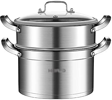 ANSNOW 2-Stufiger Edelstahl-Dampfgarer, Dampfgarer, Gemüse-Dampfeinsatz-Pfannen-Set, Deckel Aus Gehärtetem Glas, Dreischichtiger Verbundboden, Geeignet Für Alle Herdarten/25,5 * 23,5 cm