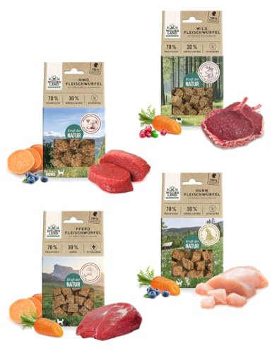 Wildes Land Fleischwürfel Mix-Bundle | 4 x 100g | Sorten: Wild, Rind, Pferd, Huhn | 70 % Fleisch & 30 % Gemüse | Getreidefreier Hundesnack | Natürlich & schonend gebacken