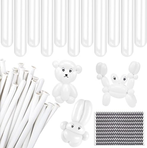 Modelo - 100 Piezas Globos para Modelar, Mágicos de Látex para Hacer Formas con Pegatinas para los Ojos - para Cumpleaños, Fiestas, Bodas, Festivales y Eventos (Color Blanco)