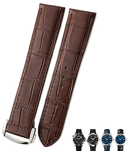 NVVVNX 18mm 19mm 20mm Rindsleder Uhrenarmband für Omega Seamaster 300 Speedmaster Uhrenarmbänder(Brown brown silver,19mm)
