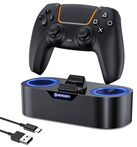 NEWDERY Station de Charge Solo pour Manette PS5 | Station de charge rapide avec indicateur LED, compatible avec les manettes PS5 et DualSense Edge, Noir