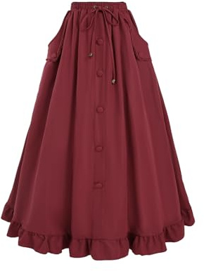 Fiamll Viktorianischer Rock Damen Lang Mittelalter Röcke Hohe Taille mit Taschen Renaissance Maxirock Rot L