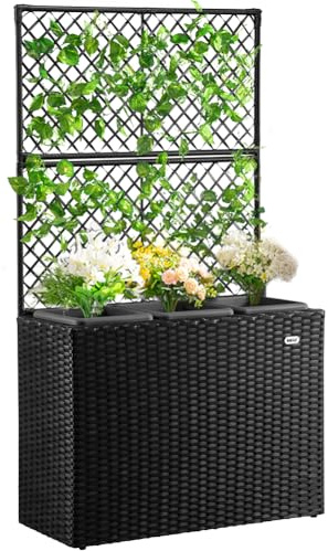 BAKAJI Fioriera da esterno con spalliera in polyrattan, 3 Vasi Removibili Contenitori per Piante, Traliccio da Esterno con grigliato ideale x Giardino, Balcone, Terrazzo, Pianta Rampicante (Nero)