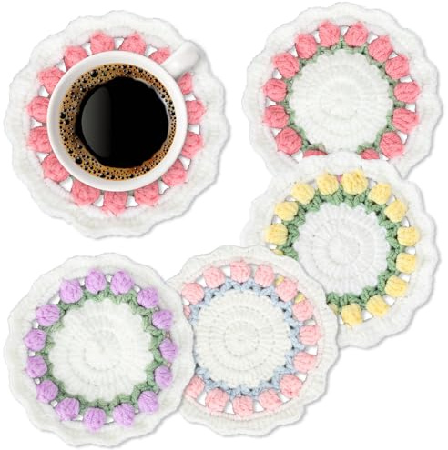 FYSUIMU Floral Crochet Coasters Colorful Tulip Flower Handmade Braided Cotton Coasters Anti Slip Absorbent Drink Mats for Wedding Birthday Party Home Office Restaurant Housewarming Gifts, Set of 4