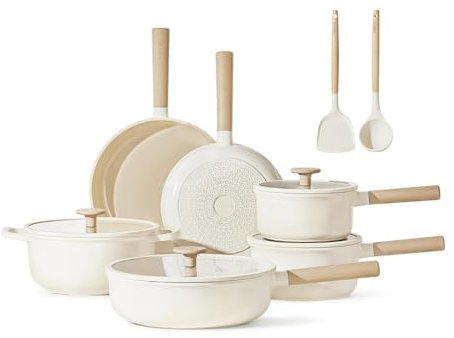 Nonstick Cookware Set 12 Piece Granite Induction Kitchen Pots and Pans Cooking Set with Frying Pans and Saucepan Healthy and Durable Cream Finish