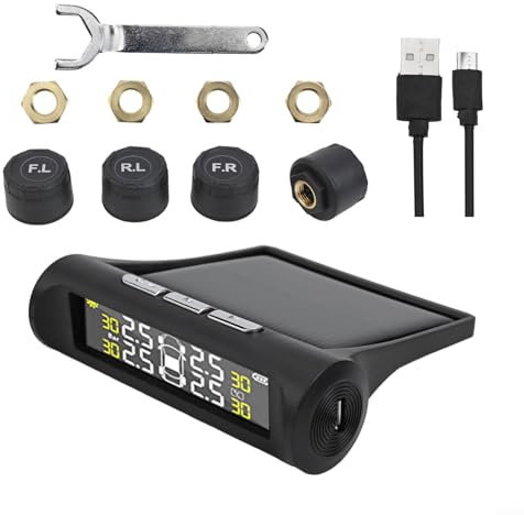 PETSTIBLE Solarbetriebenes TPMS Kabelloses Reifendruckkontrollsystem mit LCD-Display und 4 externen Sensoren für Autos, LKWs, Wohnmobile