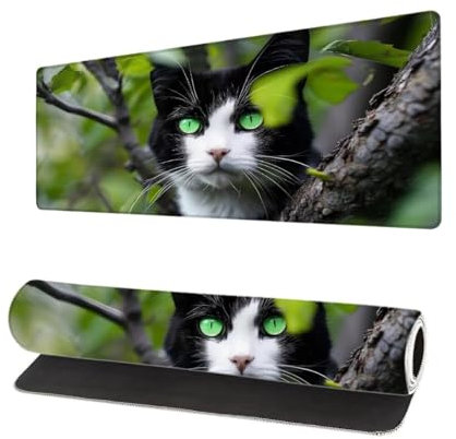 Alfombrilla Ratón XXL Gaming 900x400x3mm, Alfombrilla de Ratón Grande Árbol, Mouse Pad Gato con Bordes Cosidos, Extendida Base de Goma Antideslizante Tapete Rato y Desk Mat para de Oficina Casa I-4