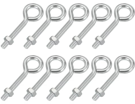 PATIKIL M6x40mm Eye Bolts, 10 Pcs Carbon Steel Threaded Eyebolt Eye Hooks Screws with Nut for Hanging or Securing Cables Silver