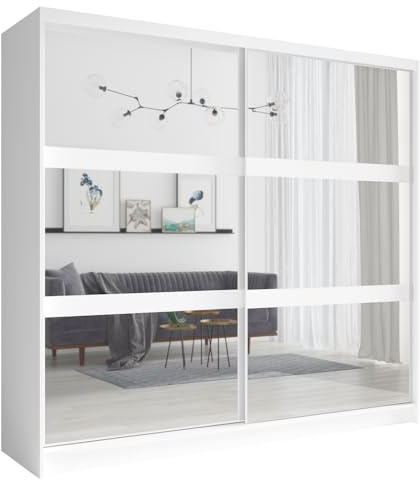 Lomadox Schwebetürenschrank Kleiderschrank in weiß, 2 Kleiderstangen, 2 Schwebetüren mit Spiegel, 230cm breit