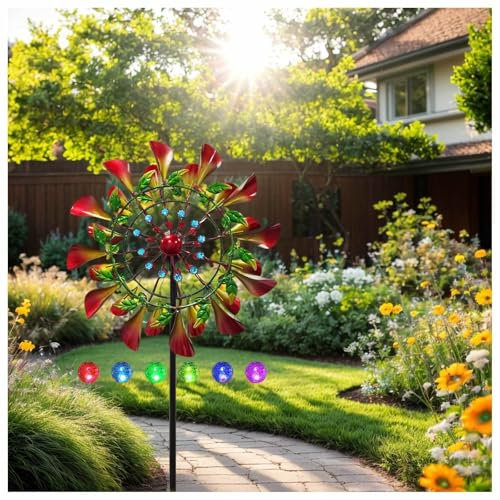 MeLtor Solar WindmüHlen Garten, 207 cm Groß WindräDer Aus Metall für Den Garten, 360° Grad Drehbar Windspiele für Den Garten, für Den AußEnbereich,Terrasse
