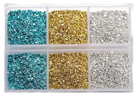 Unregelmäßige Metallsplitter, zerbrochene Glassplitter zum Basteln, Glaskies für mikroskopische Landschaftsgestaltung, Dekoration, Blau, Silber und Gold, 46 g