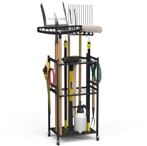 Anvuda Organizer per Attrezzi da Giardino,Porta Attrezzi da Giardino,Supporto Metallo con 3 Livelli e Ruote, Conservazioneper fino a 35 Attrezzi/Scope/Rastrelli a ManicoLungo,42x30x80cm