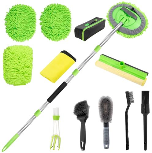 Kazaigou 62'' Car Wash Brush Kit Mitt Mop Sponge with Long Handle, 1 Chenille Scratch-Free Replacement Head, Windshield Window Squeegee,Car Detailing Brushe,Tower,Car Cleaning Kit for Cars RV Truck