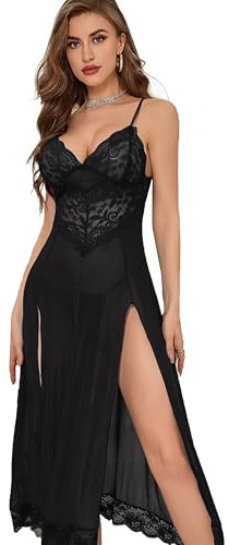 QeeFop Damen Dessous V-Ausschnitt Spitze Strapsen Kleid Bodysuit Longe Nachtwäsche Seitlich Geschlitztes Negligee Unterwäsche Langer Rock mit Tanga