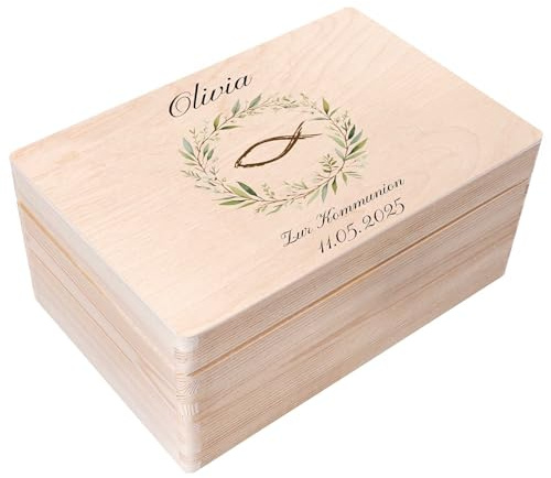 Creative Deco Personalisiert Kommunion Geschenke für Mädchen und Jungen | Holzkiste | Fisch | Individuelle Geschenk Erinnerungsbox | Erstkommunion Deko