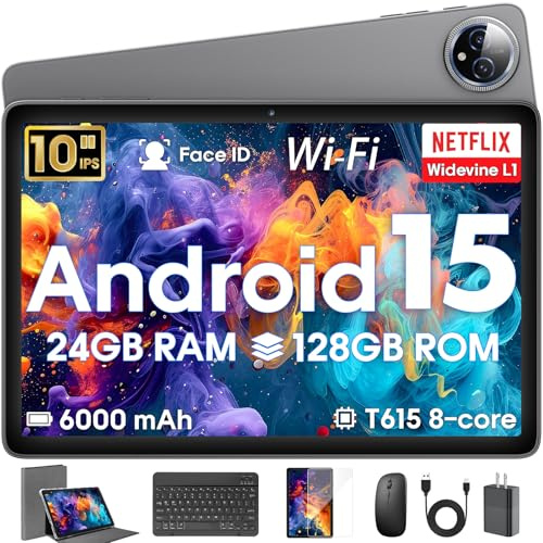 Hasskya Android 15 Tablet 10 inch,24GB RAM 128 ROM,Tablets with Keyboard Case Mouse Stylus,1TB Expandable,Octa-Core 6000mAh 1280x800 IPS HD,WiFi,T615 CPU,High Performance,Processor,Dual Camera(Gray)