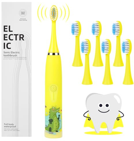 Vicloon Brosse à Dents Électrique Enfants, Jaune Citron 4 Modes Nettoyage Brosse à Dents Sonique Rechargeable, Ultra-sileucieux Poils doux, Étanchéité IPX6 Minuterie de 2 mins 6 Têtes Brosse