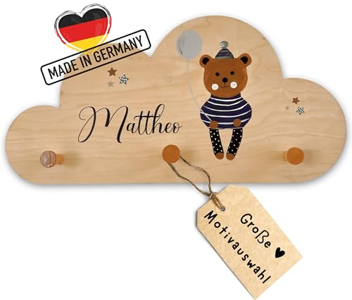 EmiliaLotte Kindergarderobe Personalisiert mit Wunschname I Garderobe Kinder aus Holz - Verschiedene Motive & Farben I Wandgarderobe Kinder mit 3 Haken - 41x20 cm I Montessori Garderobe