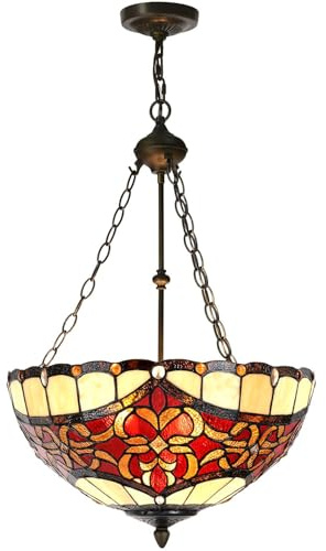 Bieye L12003 Tiffany-Style Stained Glass Baroque Ceiling Pendant Light, 3-Light Hanging Ceiling Fixture with Adjustable Chains (Red, 20 inches Wide)
