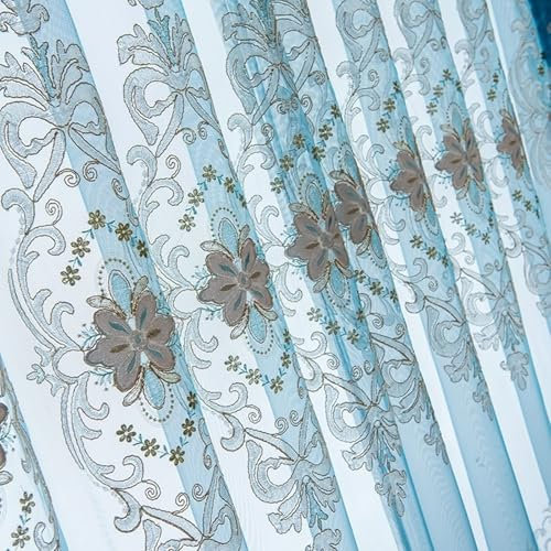 Patio Door Curtain Window Sheer Curtains Light Blue 2 Pack Cloth Embroidery Pattern 38W x 54H (96X138CM)