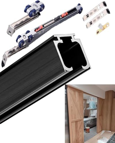 Kit per porta scorrevole, 1,8 m, con chiusura ammortizzata, per garage e porte a due ante – Ra nero e ganci per una facile installazione
