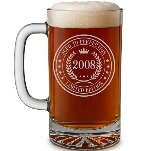 Vintage 2008 Etched 16oz Glass Beer Mug Stein – Happy 18th Birthday Gifts, Decorations Men Women Guy, Turning 18 Year Old, Bday Party Favors Supplies, Finally 18 Best Gift Idea Son Circle