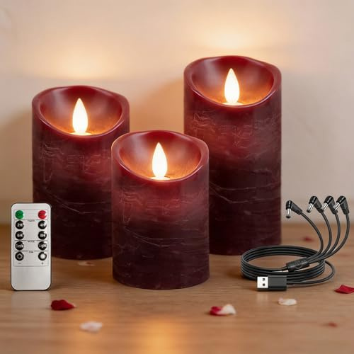 RosMank 3er Set LED-Kerzen, mit 10-Tasten-Fernbedienung, Flammenlos, aus Echtem Wachs, mit Flackernder Flamme, Dekoration für Weihnachten, Geburtstag, Hochzeit und Party, Rot