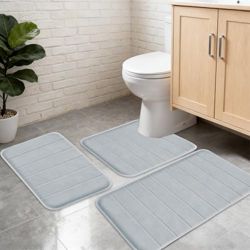 Piashow Badezimmerteppich Set 3 Teilig, Badteppich aus Memory Foam, rutschfest Saugfähig Badematte, Weich & Schnell Trocknend, Waschbar Maschine Badezimmer Vorleger (Hellgrau)