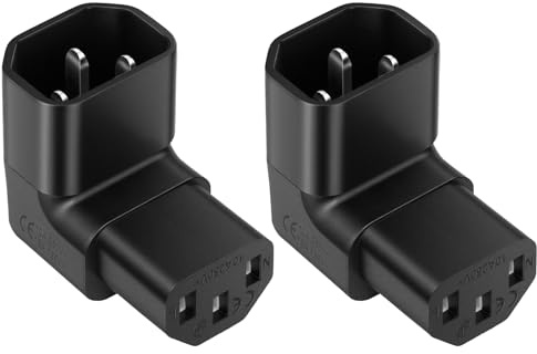 AXFEE 2 st IEC C14 till C13-kontakt med rak vinkel, 90 graders nedåtriktad, material PVC, 250 V, 10A, IEC 320 C14 till C13 90grader, för dator, bildskärm, skrivare, hushållsapparater (svart)