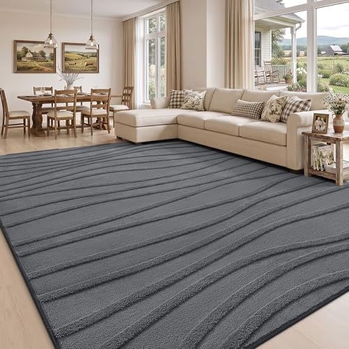 Homaxy Teppich Wohnzimmer 80 x 150 cm, Dunkelgrau | Rutschfest und Waschbar, Weicher Plüsch mit Wellenmuster, Kurzflor, für Schlafzimmer, Kinder- und Haustierfreundlich