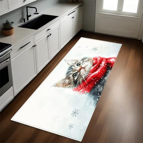 Aquarellstil Flur Läufer Teppich 50x150 cm Tier Weihnachten Katze rutschfest Waschbar Küchenläufer Schmutzabweisend Saugfähig Modern Pflegeleicht für Küche und Wohnraum