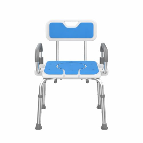 KASATODAY Shower Chair and Commode Combo with Flip-Up Armrests, Adjustable Bath Seat with Hole, Rust-Resistant Non-Slip Bathroom Bench for Seniors and Adults, White & Blue