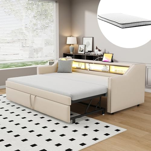 DUlVBPE Sängklädsel, utdragbar bäddsoffa, 90/180 x 190 cm, multifunktionellt förvaringsfack, LED-ljus och USB-uttag, med ribbotten, beige (med två fjädermadrasser)
