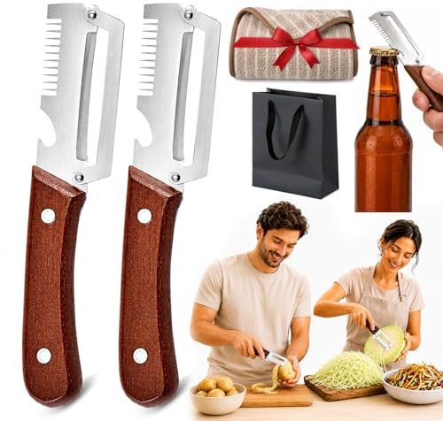Elite Gourmet Peeler, 3-in-1 Elite Peeler Shredder & Julienne Peeler & Bottle Opener, Multifunctional Vegetable Peeler, Stainless Steel Peeler Knife Kitchen Tool for Fruits & Vegetables (2, Brown)