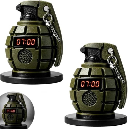 WEIWOGU Grenade Alarm Clock with Interactive Safety Pin Shut Off (2pc) | Loud Novelty Wake Up Clock, Cool Desk Gadget & Bedroom Decor Gift for Teen Boys, Men, and Military Enthusiasts