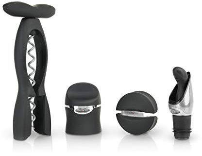 Rabbit - Kit d'Accessoires pour Vin avec Tire-Bouchon, Coupe-Capsule, Bouchon de Champagne et Bouchon / Bec Verseur 2-en-1, Coffret Cadeau 4 Pièces, Noir