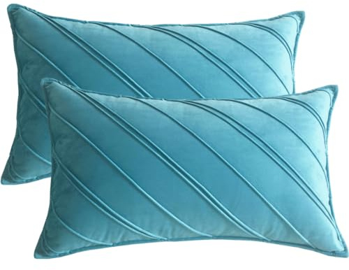 Lutanky Peacock Blue Velvet Cushion Covers 12x20 Inch Rectangle Throw Pillow Covers Striped Soft Oblong Pillowcases ( Pack of 2 )for Sofa Bedroom Home Decor Accessories 30 x 50 cm