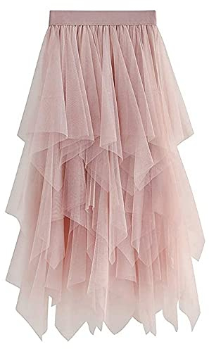 YILEEGOO Dam tyllkjol hög midja uppdelad mesh balett bal party tyll tutu A-linje midikjol, rosa, one size