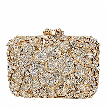 DJBM Damen-Clutch im Vintage-Stil, mit Blumenmuster, Strass, Kristall, Rose, Abendtasche, Abendtasche für Party, Hochzeit, Cocktail, Abschlussball, Gold-AB