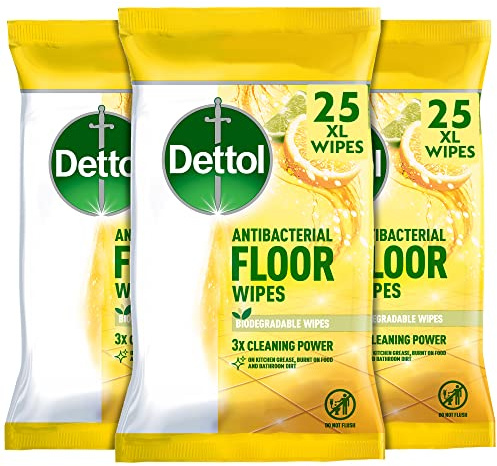 Dettol Antibacterial Biodegradable Floor Wipes, Citrus Zest Scent, Multipack 3 x 25, Eco-Friendly Cleaning Solution, Powerful Germ Protection, Convenient Disposable Sheets